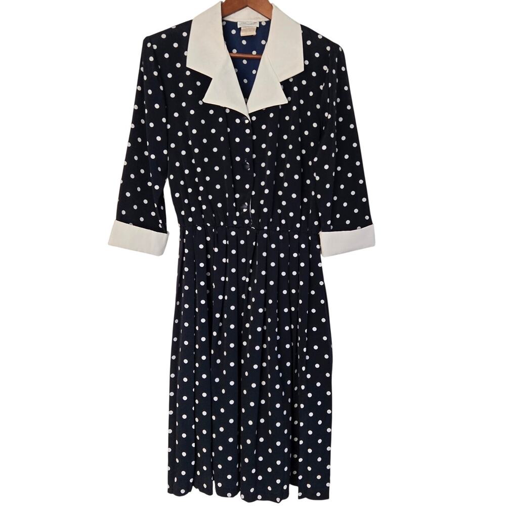 Vintage Serbin Dark Academia Blue Polka Dot Midi Shirt Dress Contrast Collar 10